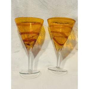 Pier 1 "Canyon Orange" Hand Blown Wine Cocktail Martini Glasses Set Of 2 Vtg